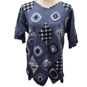 Capacity Women's Blue Scalloped Short Sleeve Sweater Petite Large Grande NWT‎